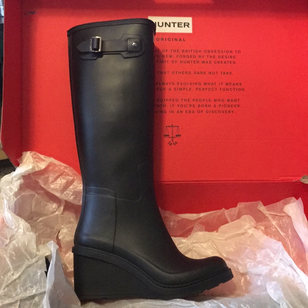 Hunter rain boots.